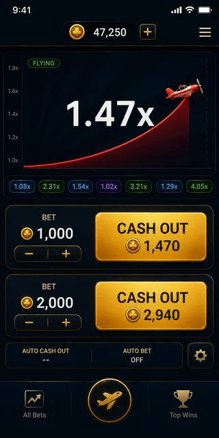 Aviator session balance at the mid-point checkpoint of 47,250 virtual coins on Lucky North Casino