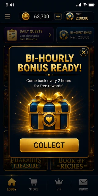 Bi-hourly bonus collect popup at Lucky North Casino with a two-hour countdown