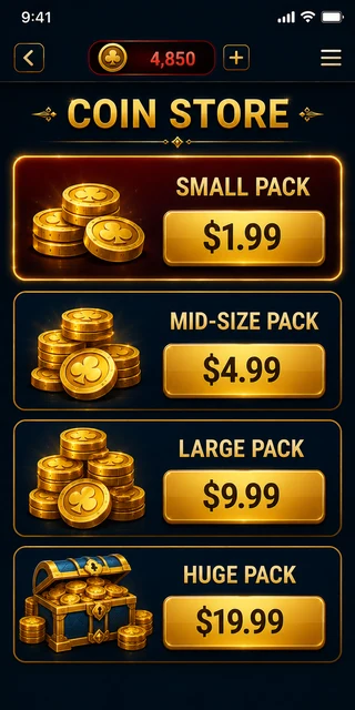 Lucky North Casino in-app coin store with the $1.99 Small Pack and no coin quantities listed