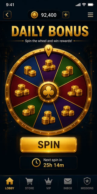 Lucky North Casino daily bonus wheel with 25-hour recharge timer and no posted segment amounts
