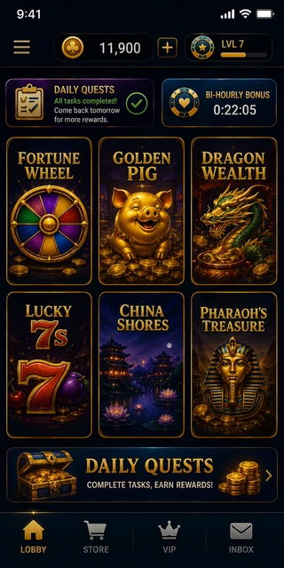 Lucky North Casino lobby at the end of our 7-day test with 11,900 coins left and zero dollars spent