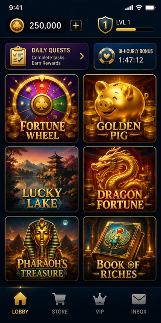Lucky North Casino app lobby on first launch with starting coin balance and bi-hourly bonus timer