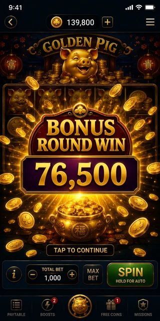 Bonus round win of 76,500 coins on a golden pig slot during our Lucky North Casino games test