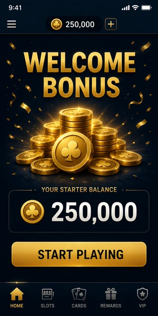 Welcome bonus screen right after Lucky North Casino sign-up showing a 250,000 coin starting balance