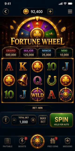 Wheel of Fortune style slot at minimum bet with 92,400 coin balance — day one of our Lucky North Casino test